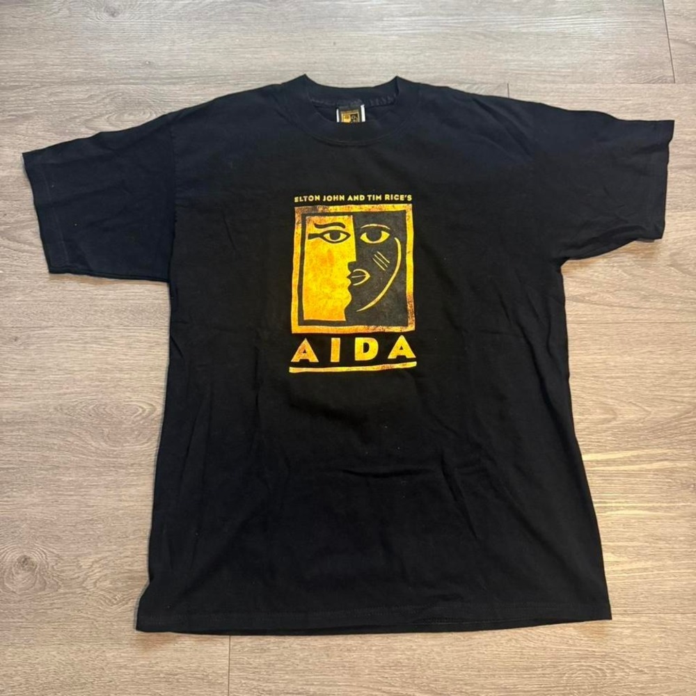 Vintage Elton John Tim Rice Aida Broadway Musical Shirt Size Large Gold Sun Logo